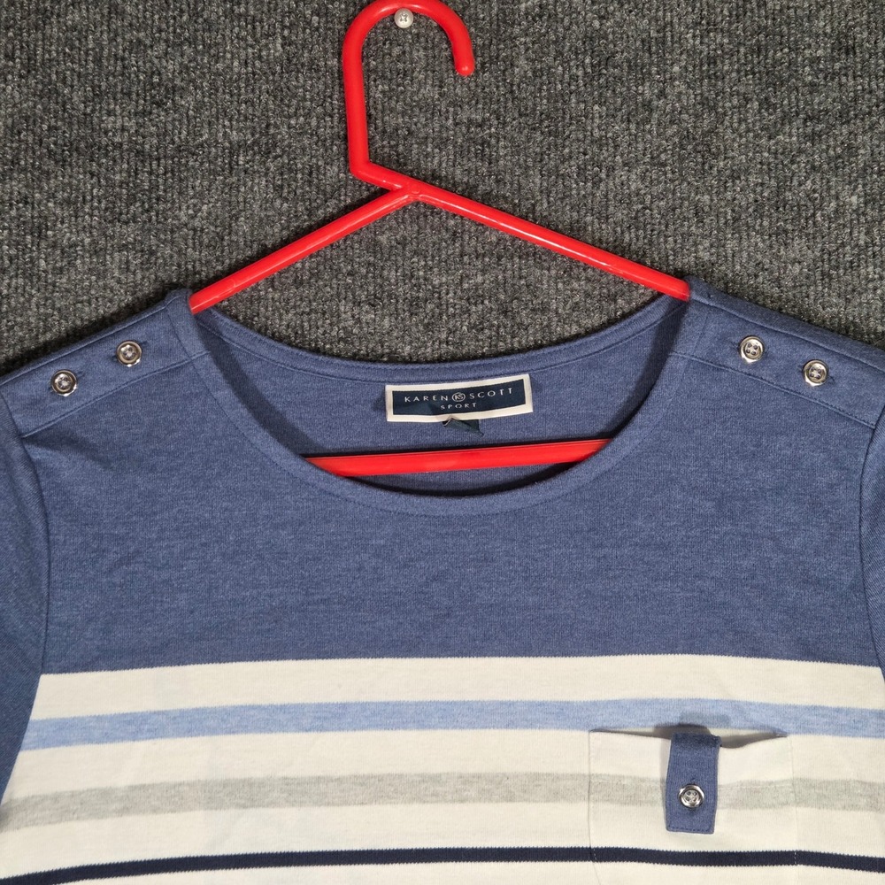 Karen Scott Sport Top Womens Large Blue White Striped Short Sleeve Button Detail